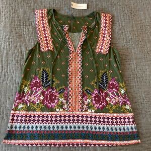 NWT Anthropologie Sigrid Olive Green Embroidered Tank Top Medium Cotton Modal